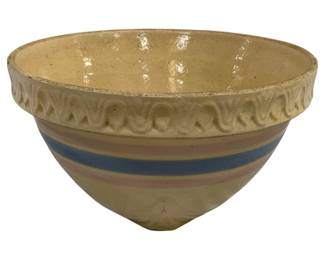 2041 - Vintage Mixing Bowl 5.5"x9.5" (Description): Vintage mixing bowl featuring decorative  molded rim detail and horizontal banded  design. Measures 5.5 inches tall by 9.5  inches in diameter.