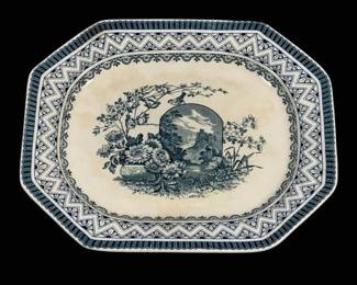 2052 - Wedgwood Edinburg Platter 16.5"x14" (Description): Blue and white serving platter featuring a  decorative transferware design. The octagonal  platter displays an ornate zigzag border  pattern surrounding a central floral motif.  Measures 16.5 inches by 14 inches.