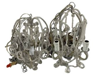 2029 - 2 Hanging Light Fixtures 14" (Description): Featuring ornate crystal and glass bead  detailing with scrolling metalwork frames.  Each fixture measures 14 inches. Used as is  electric/electronic/mechanical item. No  guarantee all components, untested.