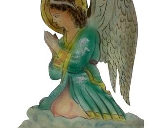 2433 - Angel w/ Wood Base 20"x16"x5" (Description): A decorative metal angel figure mounted on a  wood base. The angel is depicted in a  kneeling, praying pose with wings and a halo.  Measures 20 inches by 16 inches by 5 inches.