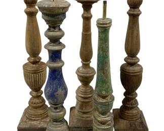 2467 - 5 Candle Prickets 18"-20" Tall (Description): A five-piece lot of candleholders in varying  styles and finishes. The candleholders  measure 18 to 20 inches tall.