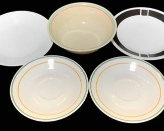 2037 - 5 Corelle Dishes (Description): A 5 piece lot of Corelle dishes featuring  assorted patterns and styles. The collection  includes various plates and bowls in  different decorative designs.