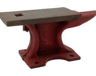 687 - Vintage Red Japan Jewelers Anvil (Description): Vintage red Japan travelers anvil. This  compact blacksmith's anvil features a painted  red base with a hardy hole on the face.  Marked Japan. Measures 2 1/2 inches by 5  inches by 2 inches.