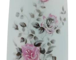 277 - Norleans Vintage Blue Flower Vase (Description): Norleans vintage blue porcelain vase  featuring a delicate floral design with pink  roses and gray-green foliage. The elegant  tapered bud vase sits on a footed base and is  accented with gold gilt trim along the rim and foot.