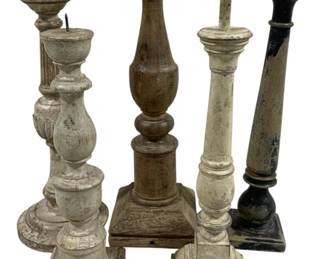 2440 - 5 Candle Prickets 11" - 12.5" Tall (Description): A lot of five candleholders in varying styles  and finishes. The pieces display turned wood  construction with distressed painted  surfaces. Heights range from 11 inches to  12.5 inches tall.