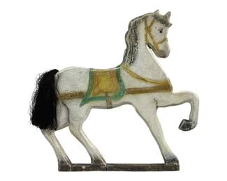 2457 - Wood Horse 14"x14" (Description): A decorative wood horse figure, measuring 14  inches by 14 inches.