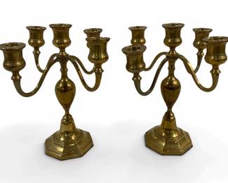 1031 - Pair 5-Light Brass Candleholders - 12 x 8 x 8