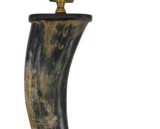 169 - Large Horn Handle Magnifying Glass 15" (Description): Horn handle with variegated coloring in  shades of brown, tan, and black. The circular  glass lens is set in a brass frame with a  decorative brass collar connecting it to the  curved horn handle. Measures 15 inches in length.