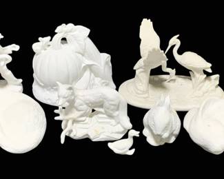 2012 - Group of 8 Plaster Figures (Description): A lot of eight plaster figures. The  collection includes various decorative forms  suitable for painting or display.