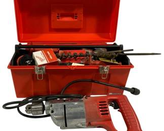 5076 - Milwaukee 0.5" Drill w/ Toolbox (Description): Used as is electric/electronic/mechanical  item. No guarantee all components, untested.