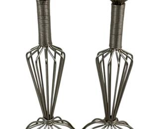 2328 - Pair Metal Candleholders 12" (Description): A two-piece set of candleholders measuring 12  inches in height. These decorative  candleholders feature an open wirework design  with a modern aesthetic.