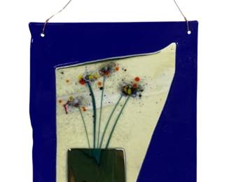 2333 - Glass Wall Art 12"x10" (Description): Glass wall art piece measuring 12 inches by  10 inches. Features a decorative fused glass  design with a wire hanger for display.