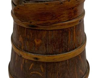 2312 - Early Hand Made Wooden Bucket 11"x9" (Description): Featuring a lidded top and banded  construction. Measures 11 inches by 9 inches.
