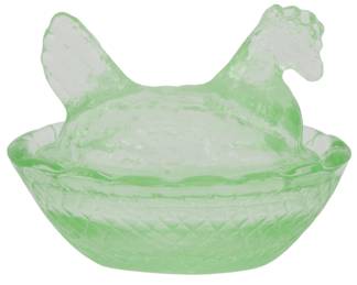 136 - Miniature Green Glass Hen on Nest (Description): Miniature green glass hen on nest covered  dish. The piece features a figural hen lid  resting atop a basket-weave patterned base  with a diamond lattice design. Measures 2  inches by 2.5 inches by 2 inches.