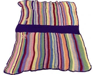 2109 - Vintage Afghan Blanket 39"x48" (Description): Handmade afghan blanket featuring colorful  multicolor horizontal stripes with a  contrasting vertical stripe detail. Measures  39 inches by 48 inches.