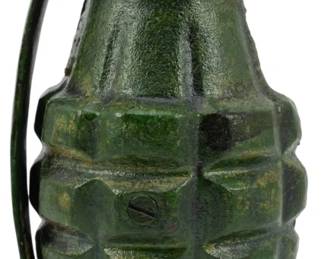 125 - Cast Iron Grenade Replica (Description): A cast iron novelty in the form of a military  hand grenade. Featuring the classic  pineapple-style segmented body design with a  green painted finish.  A distinctive piece of  militaria-themed americana suitable for collectors.