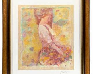 2863 - Framed Seriolithograph "Gathering Blossom" signed (Description): by Artist Hua Chen 12.5 x 11