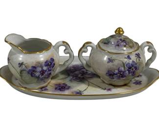 2840 - Violet Painted Creamer, Sugar & Underplate (Description): Signed 9 x 5 x 3