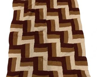 2108 - Vintage Afghan Blanket 36"x50" (Description): Handcrafted afghan blanket featuring a  geometric block pattern in earth tones  including burgundy, tan, and cream. The  blanket measures 36 inches by 50 inches.
