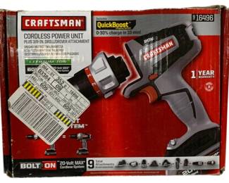 5065 - Craftman Bolt On 3/8" 20V Cordless Drill in Box (Description): Used as is electric/electronic/mechanical  item. No guarantee all components, untested.