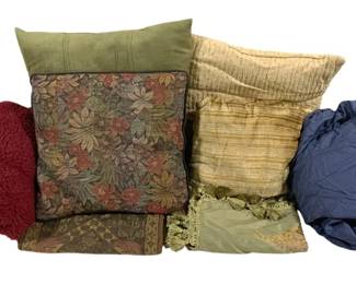 2107 - Assorted Pillows & Linens (Description): A lot of pillows and linens including  decorative throw pillows and bedding items in  various colors and textures.