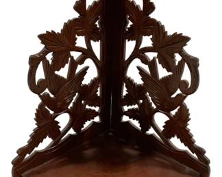 2336 - Victorian Carved Corner Wood Shelf 16.5"x20"x12" (Description): Carved wood corner shelf featuring ornate  openwork design. Measures 16.5 inches by 20  inches by 12 inches.
