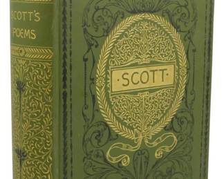 38 - 1894 Ed. Complete Works of Sir Walter Scott (Description): The Complete Works of Sir Walter Scott, 1894  edition, published by Crowell & Co. This  volume features a decorative green cloth  binding with ornate gilt and black embossed  designs on the cover and spine. The title page is ripped. The spine is titled "Scott's  Poems" with elaborate gilt tooling.