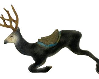 2474 - Wood Deer 17"x17" (Description): Decorative wood deer figure measuring 17  inches by 17 inches. The piece depicts a  leaping stag with antlers and features  painted details.