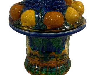 5187 - Vtg Majolica-Style Lidded Fruit Bowl Centerpiece (Description): 15 x 10