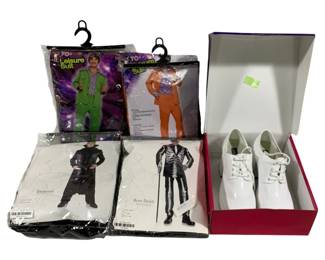 2179 - Assorted Halloween Costumes (Description): Orange & Lime Green Suits - adults, fits up  to chest size 42 Skeleton & Black Outfit - size xxl Platform Shoes - SIZE L