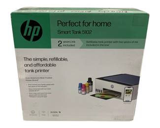 2070 - HP Smart Tank 5102 Printer in Box (Description): HP Smart Tank 5102 printer in original box.  This refillable tank printer comes with two  years of ink included. Features wireless  connectivity and print, copy, and scan  capabilities. As is electric/electronic/mechanical item. No  guarantee all components, untested.