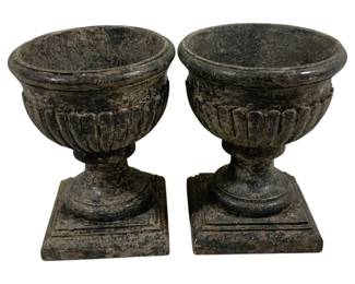 2477 - Pair Decorative Urns 9"x7" (Description): A 2-piece set of decorative urns. Each urn  measures 9 inches by 7 inches.