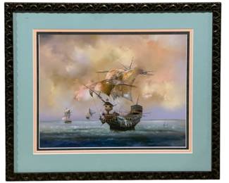2890 - Framed Maritime Landscape Print signed (Description): by French surrealist artist Bernard Louedin 24.5 x 27.5