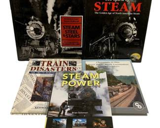 1070 - Assorted Hardcover Train Books (Description): A lot of hardcover train books featuring  titles on steam locomotives, railroad  history, and train disasters. The collection  includes various volumes covering topics such  as steam power, the golden age of North American steam railroads, and Chesapeake &  Ohio super power steam locomotives.