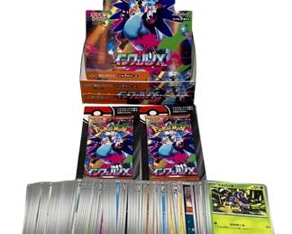 2378 - 100 Pokemon Cards w/ Box Japanese (Description): A lot of 100 Japanese Pokemon trading cards  accompanied by a display box. The cards  feature various Pokemon characters and card  types from Japanese Pokemon card sets.