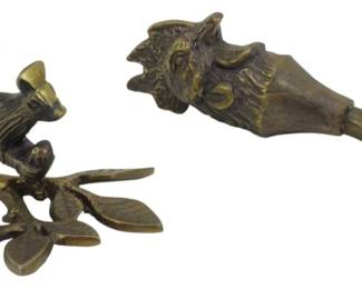 164 - 2 Metal Figural Bottle Openers (Description): One features a squirrel perched on a leafy  branch, the other depicts a rooster head.  Both have patinated brass finish with  heart-shaped opener ends.