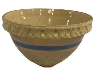 2045 - Vintage Mixing Bowl 6"x10.5" (Description): Vintage mixing bowl measuring 6 inches by  10.5 inches. This classic piece features the  traditional yellowware construction with  decorative banding and an embossed rim  pattern.