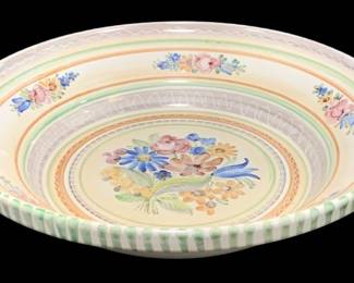 2309 - Austrian Serving Bowl 14" Round (Description): Austrian serving bowl featuring hand-painted  floral decoration. The bowl measures 14  inches round and displays a colorful bouquet  in the center with coordinating floral motifs  around the rim. The exterior features a green and white striped pattern with  decorative banded details throughout.