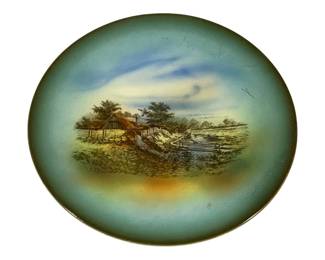 2325 - Antique Charger Plate 12.25" Round (Description): Antique charger plate featuring a pastoral  landscape scene with a thatched cottage,  trees, and countryside setting. The plate  measures 12.25 inches round.