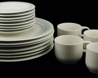 653 - 18pc Japanese Genuine Stoneware China Set (Description): An eighteen-piece Japanese genuine stoneware  china set. The set includes an assortment of  plates and cups in coordinating design.