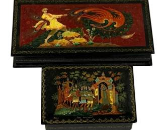2016 - 2 Wood Trinket Boxes 2.5"x4.3"x6.5" (Description): A lot of two wood trinket boxes featuring  hand-painted decorative scenes. The boxes  measure 2 1/2" x 4 3" x 6.5".