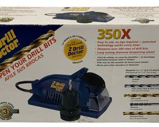 5028 - Drill Doctor 350x Bit Sharpener in Box (Description): Used as is electric/electronic/mechanical  item. No guarantee all components, untested.