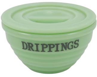 153 - Jadeite Drippings Bowl w/ Lid 3"x5" (Description): Jadeite drippings bowl with matching lid. The  bowl features a ribbed design with  "DRIPPINGS" printed in black lettering on the  front. A classic vintage-style kitchen  storage piece in the iconic jadeite green color. Measures 3 inches tall by 5 inches in  diameter.