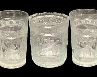 2119 - 5 Bird & Strawberry Pressed Glass Tumblers 4.5" (Description): A 5-piece set of pressed glass tumblers  featuring decorative relief patterns. Each  glass measures 4.5 inches in height.