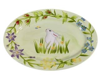 2065 - Sweet Olive "Bunny" Platter 15.5"x11.5" (Description): Sweet Olive "Bunny" platter featuring a  charming bunny design surrounded by floral  motifs. The oval platter measures 15.5 inches  by 11.5 inches.