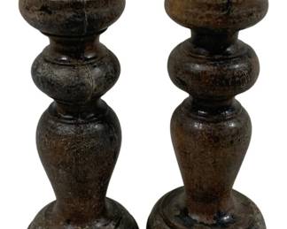 2432 - Pair Candle Prickets 7" Tall (Description): A 2-piece set of candleholders measuring 7  inches tall. These turned wooden  candleholders feature a baluster form with  pricket-style tops for securing candles. The  pair displays a well-worn, aged patina consistent with vintage use.