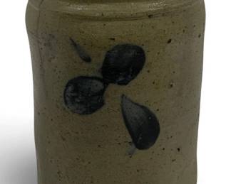 1029 - Blue Decorated Stoneware Crock - hairline crack (Description): 8.5" x 5.5"