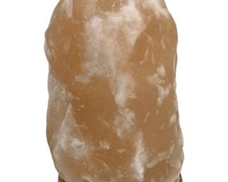 2105 - Salt Lamp 8.5" (Description): A salt lamp measuring 8.5 inches in height.  The lamp is mounted on a wooden base and  provides ambient lighting when illuminated. Used as is electric/electronic/mechanical  item. No guarantee all components, untested.