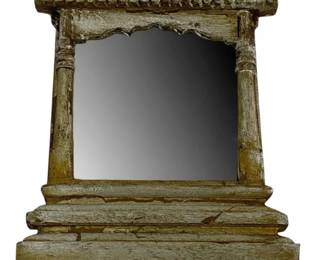 2450 - Rustic Carved Wood Framed Mirror 9"x11" (Description): A mirror set within a rustic carved wooden  frame featuring substantial architectural  detailing and a weathered, distressed finish.  Measures 9 inches by 11 inches.