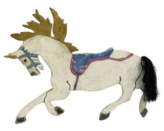 2456 - Wood Horse Decor 16"x12" (Description): A painted wood horse figure measuring 16  inches by 12 inches. The decorative piece  features folk art styling with hand-painted  details including a saddle and bridle. The  horse has a horsehair tail attached.